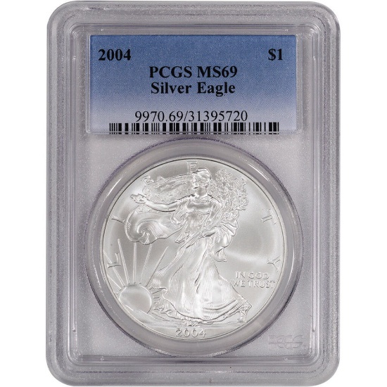 2004 American Silver Eagle, PCGS Graded MS69, One Ounce Fine Silver