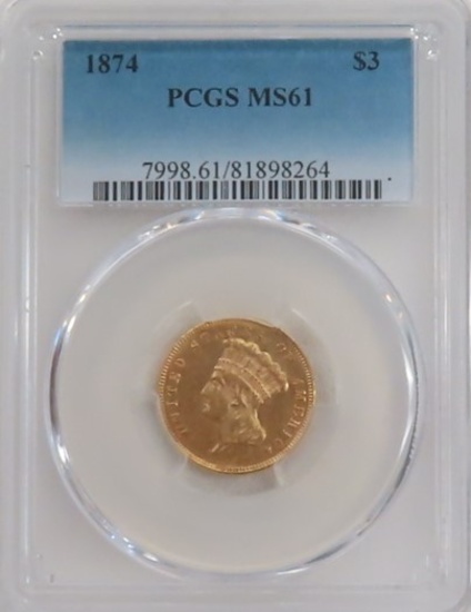 GOLD, PCGS Price Guide Value $3,500 (trending higher) 1874 $3 Gold Piece. PCGS Graded MS61