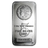 5 oz. Silver Morgan Design Bar, 5 Troy oz of .999 fine silver.
