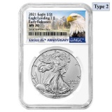 2021 1 oz Silver American Eagle Type 2 NGC Graded MS 70 ER (Eagle Label)