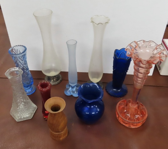 NO SHIPPING, Pick-Up Only: Bud Vases incl. Pink Depression Frog Epergene, Wood, Old Fostoria and