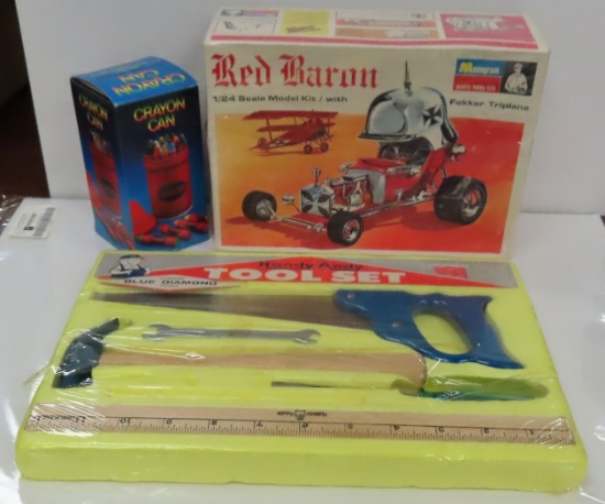 $17.45 Shipping: Crayon Can, 1968 Unopened Red Baron Model, Vintage Unopened Handy Andy Tool Set