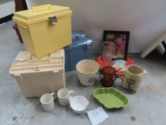 NO SHIPPING, Pick-Up Only: (3) Plastic Files, Crock Pitcher, Chantal, Serving Tray, Planter and more