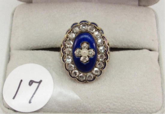 14K y/g Vintage Blue Enamel Ring
