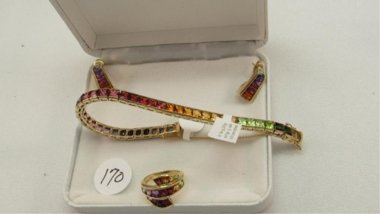 14K y/g Estate Three Piece Multi Colored Stone Set