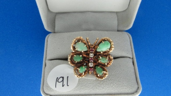 14K y/g Estate Butterfly ring with Diamond, Jade