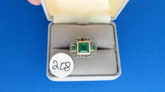 18K y/g Antique 3 square Bezel Set Emeralds and