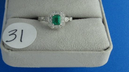 18K w/g .61ct Emerald Center and 28 Round Diamonds