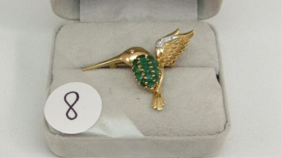 14K y/g 13 Emerald 7 Diamond Hummingbird
