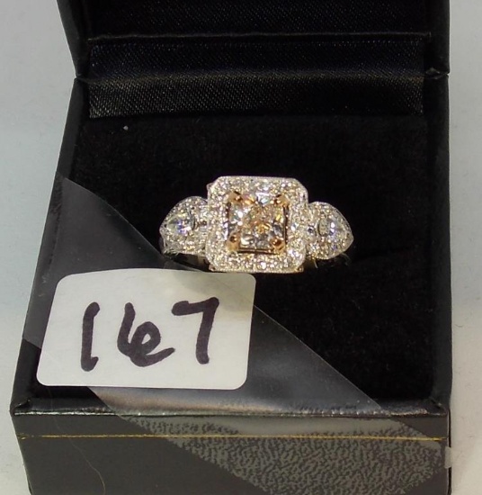 LADIES 18K 2 TONE 1.01CT CUSHION MODIFIED BRILLIANT CUT CENTER DIAMOND 1.63CT T.W. DIAMOND RING