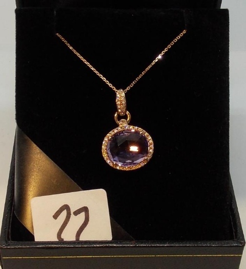 LADIES 18K ROSE GOLD 4.20 OVAL  AMETH. .15CT T.W. DIAMOND 20" PENDANT 3.8GR