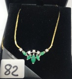 LADIES 14K Y/G SPLIT CHAIN ESTATE PENDANT  WITH  5 MARQUISE CUT EMERALDS & 5 ROUND DIAMONDS