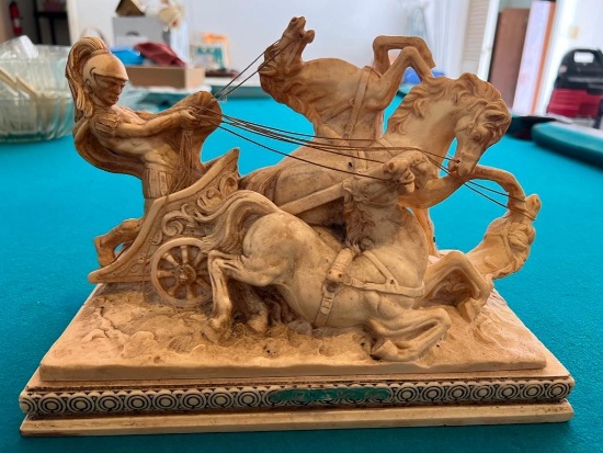 Vintage A. Santini Roman Chariot, Gladiator & 4 Horses Sculpture