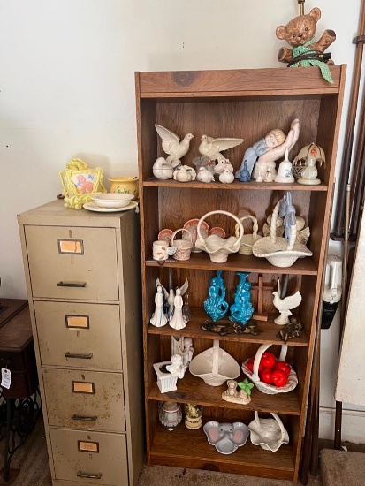 Huge Lot of Ceramic Knick Knacks with Bookshelf & Filing Cabinet