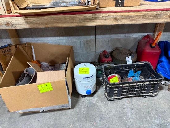 Misc Lot - Gas Cans, Sanding Belts, Saw Blades, TP-12 Tank, etc