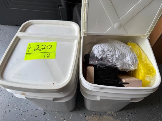 (2) Janitorial Cleaning Supplies with Storage Totes, Mop Heads, Brushes, etc