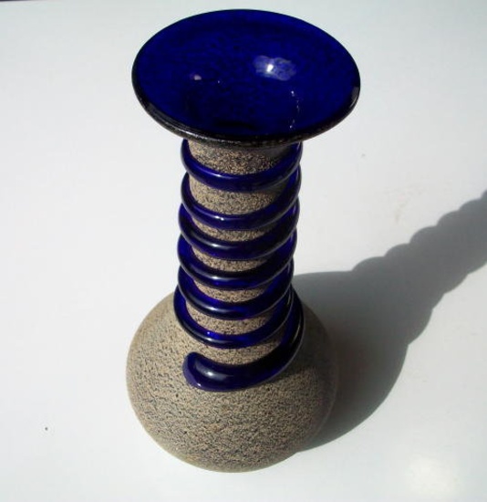 Art Glass Sand & Cobalt Blue Vase