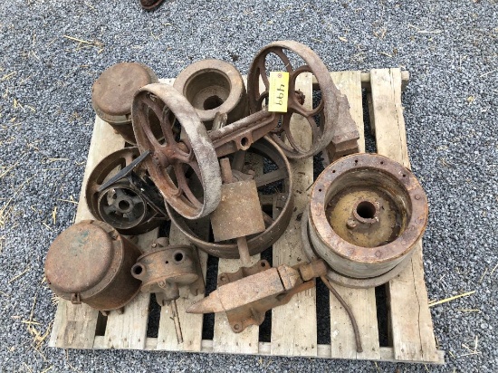 499 Pallet of Pulleys, Vise, Pair of MM Seed Cans