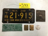 542 Lot of (2) License Plates, (3) Brass Tags, (1) Round Tag