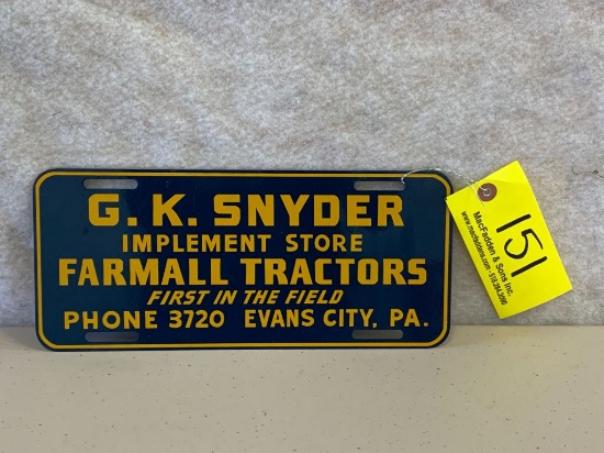 151 NOS G. K. Snyder Farmall License Plate