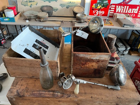 7 Misc Lot of Pump Parts, Spot Light, Oil Bottle, Tail Lights, (2) Nice Crates
