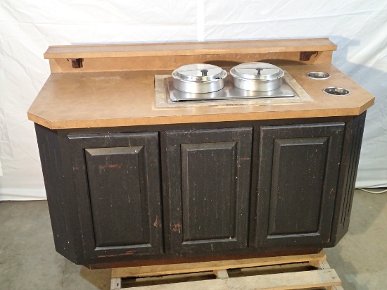 Wood cabinet w/food warmer insert and (2) soup pots -