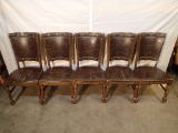 (5) Chairs - wood frame - brown vinyl back & seat