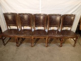 (5) Chairs - wood frame - brown vinyl back & seat