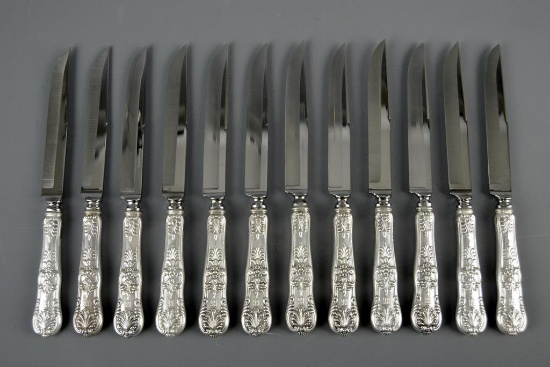 Antique Tiffany "English King" (1885) Sterling Silver Set 12 Steak Knives w/  Cloth, Case Blades