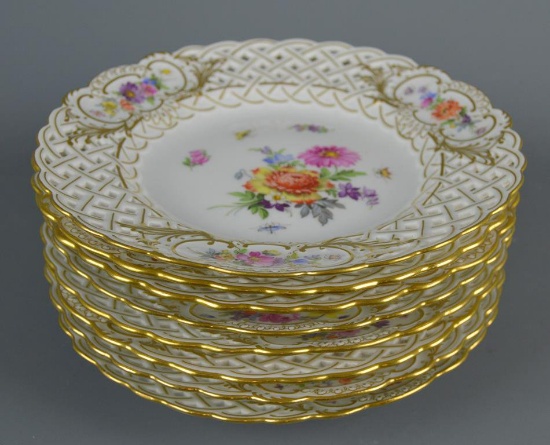 Fine Antique German Porcelain: Meissen Set of  Eight 8 In. Pierced Rim Dessert Plates “Small Flowers
