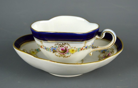 Fine Antique German Porcelain: Meissen Small Flowers w/ Cobalt Band Cup & Saucer