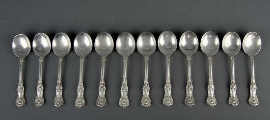 Antique Tiffany "English King" (1885) Sterling Silver Set 12 Cream Soup Spoons w/ Tiff. Silver Cloth