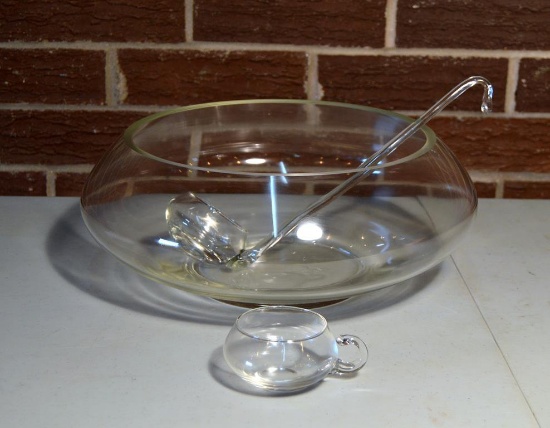 Vintage Round Plain Glass Punch Bowl w/ Ladle and 12 Cups