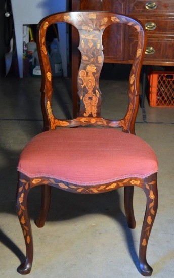 Antique Inlaid Mahogany Side Chair, Rose Upholstered Seat