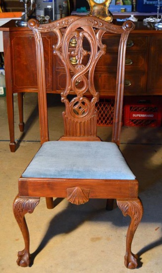 Fine Carved Antique Chippendale Ball and Claw Feet Side Chair, Blue Upholstered Slip Seat