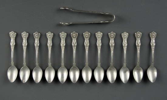 Antique Tiffany "English King" (1885) Sterling Silver Set 12 Demitasse Spoons & 1 Sugar Tongs