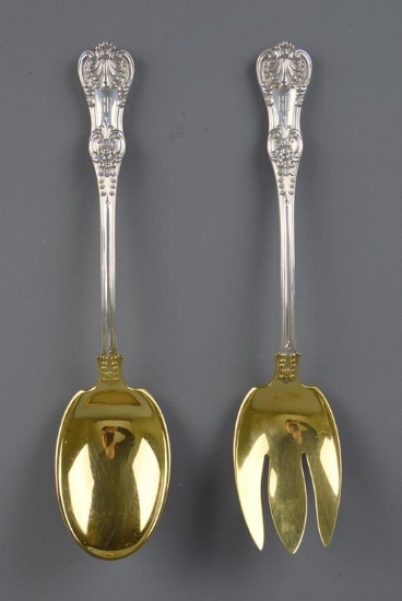 Antique Tiffany "English King" (1885) Sterling Silver Gold Washed Bowl Salad Serving Set w/ Cloth