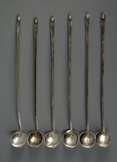 Set of 6 Engraved Indian Pawn Silver Mint Julep Iced Teaspoons w/ Turquoise Cabochon