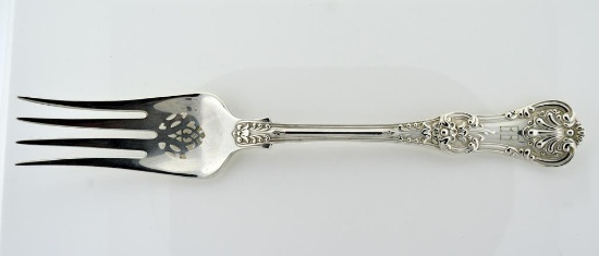 Antique Tiffany "English King" (1885) Sterling Silver Pierced Cold Meat Fork w/ Tiffany Silver Cloth