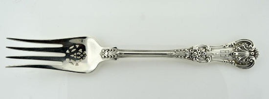 Antique Tiffany "English King" (1885) Sterling Silver Pierced Cold Meat Fork w/ Tiffany Silver Cloth