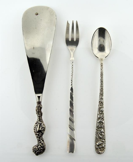 Lot of Three Miscellaneous Sterling Silver Items Including S. Kirk & Son Repousse Relish Spoon