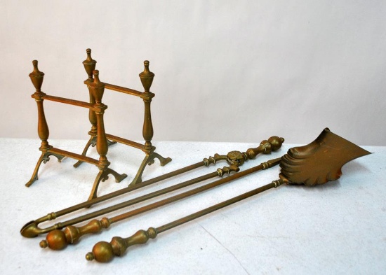 Antique British Brass Fire Tools with Stands