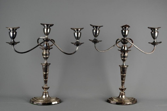 Pair of Fine Antique Silver Plate Triple Candelabra Convertible to Single Candlesticks