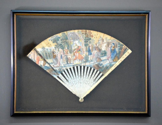 Framed 18th C. Hand Painted Parchment & Ivory Frame Fan Owned by Hope Philips Lord (b. 1736)