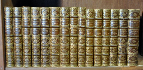Antiquarian (19th C.) Book Set of 15 Vols.: Walpole's Works, Leather Spines & Corners