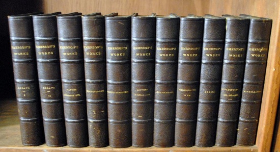 Antiquarian (19th C.) Book Set of 11 Vols.: Emerson's Works, Leather Spines & Corners