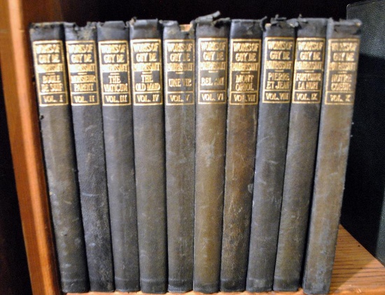 Antiquarian (20th  C.) Book Set of 10 Vols.: Works of Guy de Maupassant, Leather Covers