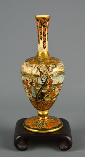 Japanese Satsuma Porcelain 6 In. Vase w/ Wooden Stand