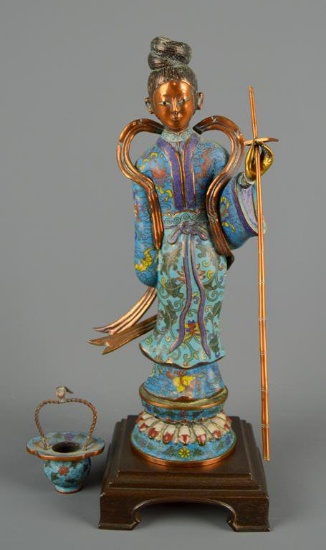 Antique Chinese Cloisonne 13 In. Guanyin Figurine w/ Wooden Stand (15 In. H)