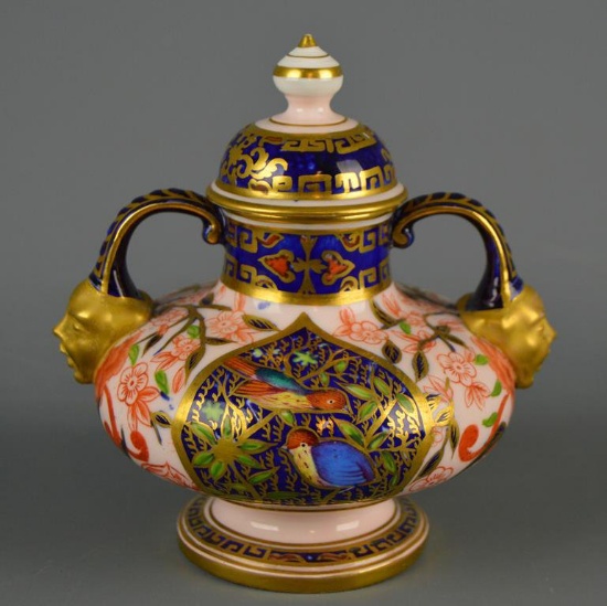 Fine Antique (19th C. ) English Porcelain: Derby Lidded Urn or Jar, Gilt Face Handles, Hand Painted